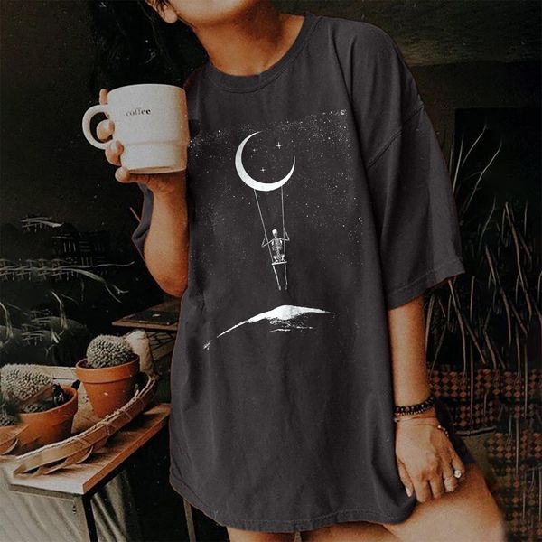 Drop ombro vintage Mulheres camiseta crânio Impressão engraçada Mulher tshirts Tops de manga curta Summer solto cinza escuro Tees tops Tops