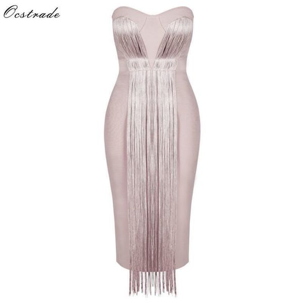 

ocstrade summer vestidos bandage women midi bandage dress rayon nude tassel fringe strapless bodycon party dress y200418, Black;gray