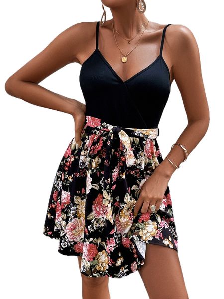 

floral print overlap collar belted cami dress y0og#, Black;gray
