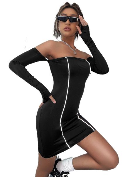 

contrast binding bardot bodycon dress g8j7#, Black;gray