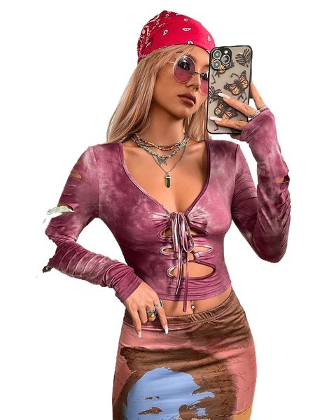 

grunge tie dye ripped tie front crop tee 16db#, White