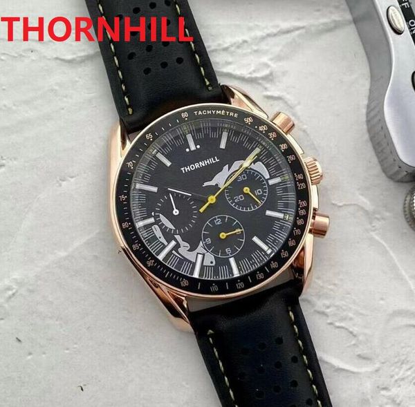 

six stiches mens multi funcitonal quartz watches satch 43mm fine stainless steel leather strap blue black ceramic wristwatches super gifts o, Slivery;brown
