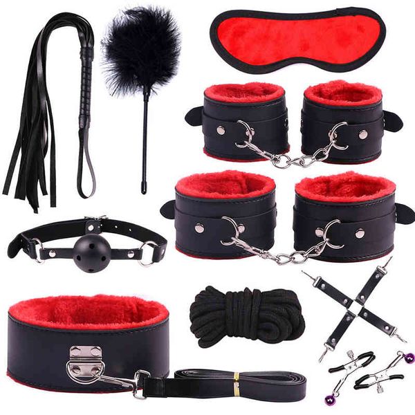 Nxy Sm Bondage 10 7 Stück Fesseln Kits Bdsm Sex Handschellen Peitsche Analplug Mundknebel Augenmaske Erotikspielzeug für Paare Erwachsenenspiel 220423