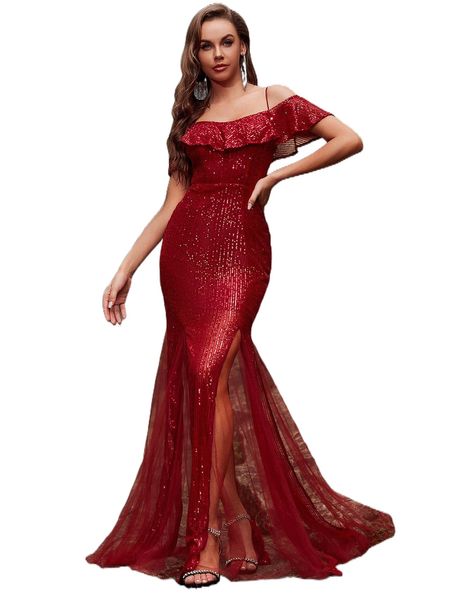 

ruffle cold shoulder lace up backless split thigh sequin dress c87n#, Black;gray