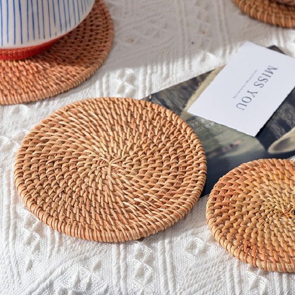 

1pc tea cup mat hand woven heat resistant insulation pads circular rattan custom mat tablecoffee table