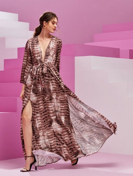 

x bee.sky collection snakeskin print self belted dress e4py#, Black;gray