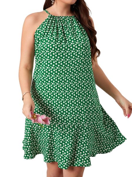 

plus ditsy floral ruffle hem tie back dress r9nw#, Black