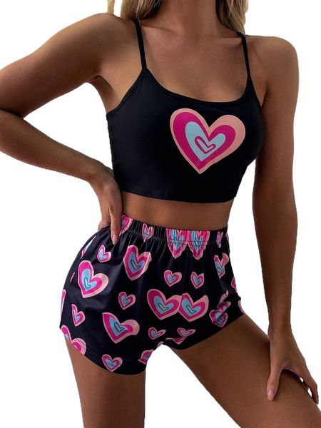 

heart print cami & shorts pajama set w7rb#, Black;red