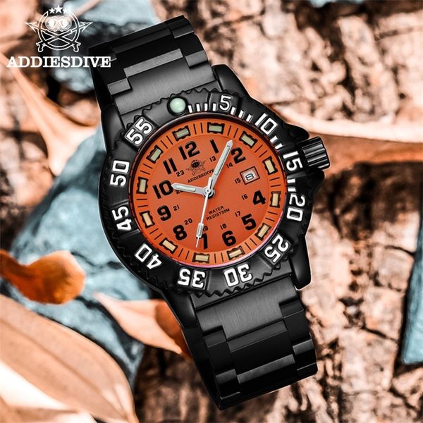 Addies Dive Herren-Armbanduhr, modisch, lässig, Kalenderanzeige, 50 m wasserdichtes Rohr, leuchtende Uhr, orangefarbenes Zifferblatt, drehbare Lünette, Quarzuhr 220407