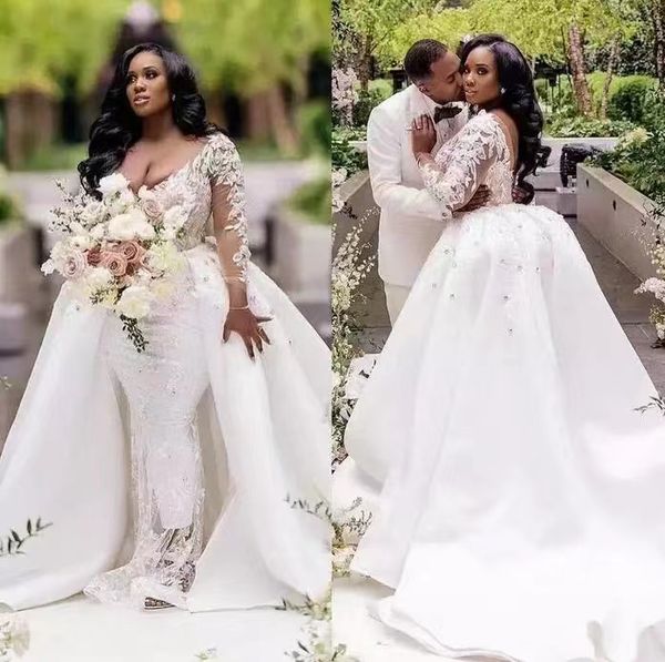 

romantic african flowers lace sheath wedding dresses with detachable skirt 2022 backless long sleeve bridal gowns deep v-neck plus size wedd, White