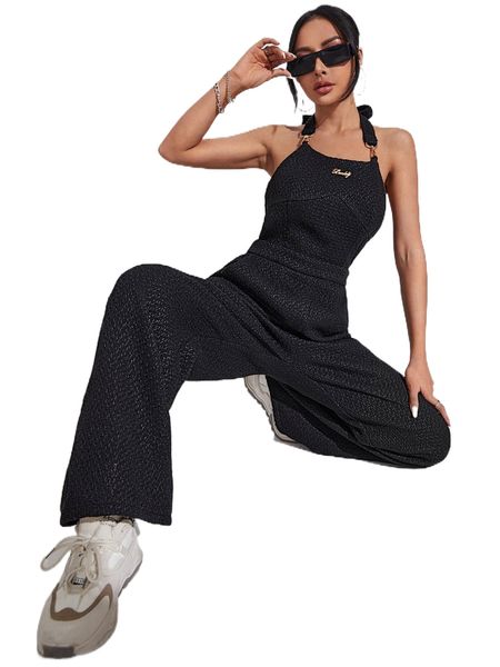 

letter detail halter neck backless textured jumpsuit without tee d7ge#, Black;white