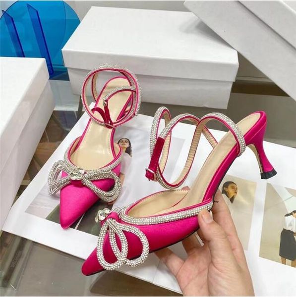 2021 Damen Kleid Schuhe Paar Bogen Knoten Rhinestones Pumps Kristall Bowknot Satin Sommer Dame Schuh Ferse 6cm Echtes Leder Sexy Spitz Party Hochzeit Sandalen 35-41