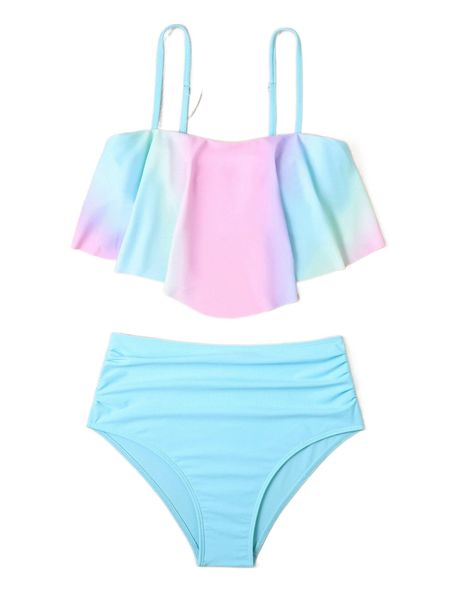 

2pcs ombre hanky hem ruched side high waist bikini swimsuit 89gc#, White;black