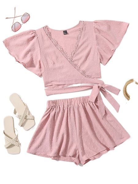 

swiss dot lace trim tie side crop & shorts o0qf#, White