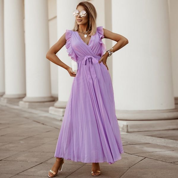 

fashion slim ruffle sleeve chiffon pleated skirt solid color dress, Black;gray