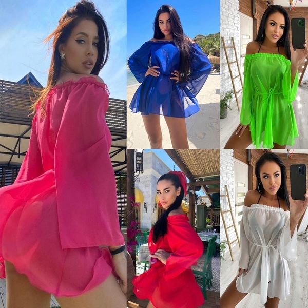 

women's swimwear womens elegant summer perspective bikini smock fashion solid color boat neck short beach dress casual and refreshing, White;black