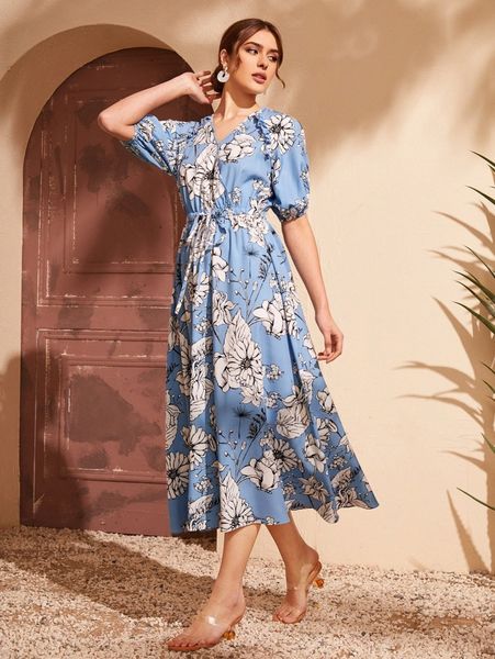 

floral print lantern sleeve a-line dress n6q3#, Black;gray