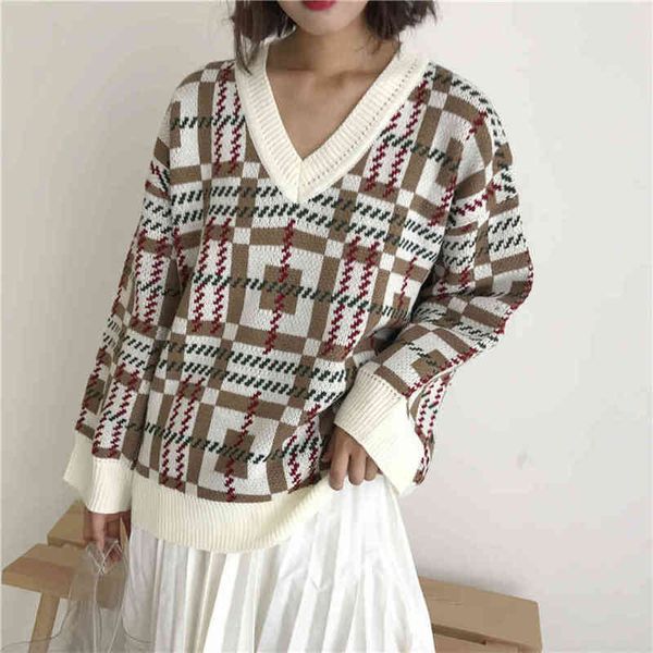 

vintage autumn winter prep pullovers sweater vneck long sleeve plaid ramble thick loose casual warm knitwear female 210412, White;black