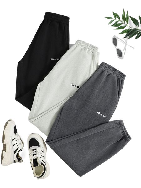

3pcs thermal lined letter embroidery sweatpants 60i3#, Black;white