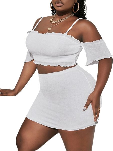 

sxy plus cold shoulder lettuce trim crop & bodycon skirt x06n#, Black