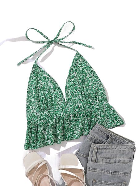 

ditsy floral print tie back peplum halter i3cg#, White