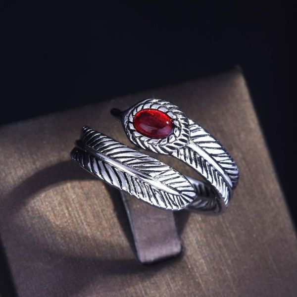 Anelli a grappolo Modern Vintage Silver Ruby Open For Women Retro Spiral Feather Red Stone Eye Leaf Ring Fashion Party Jewelry Trinket Gift