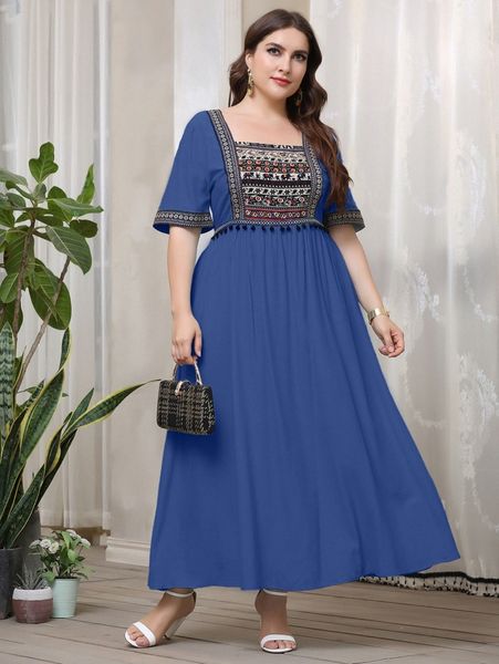 

plus elephant and floral embroidery square neck maxi a-line dress i29n#, Black