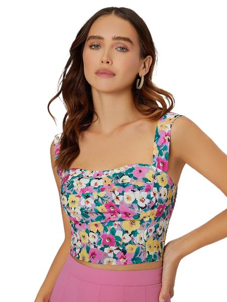 

allover floral print shirred back crop tank a9i6#, White