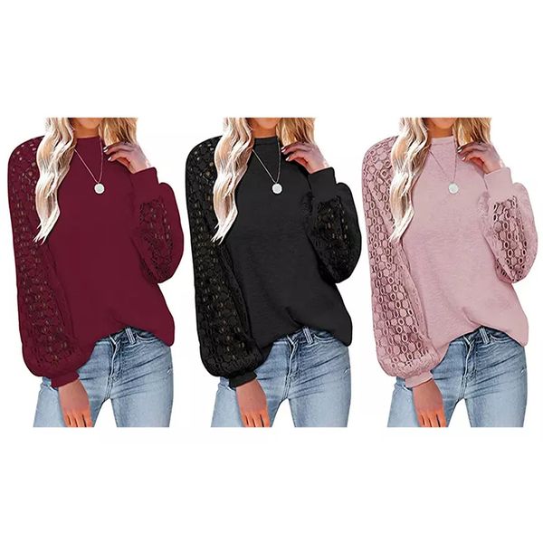 

women long sleeve lace casual loose blouses t shirts, White