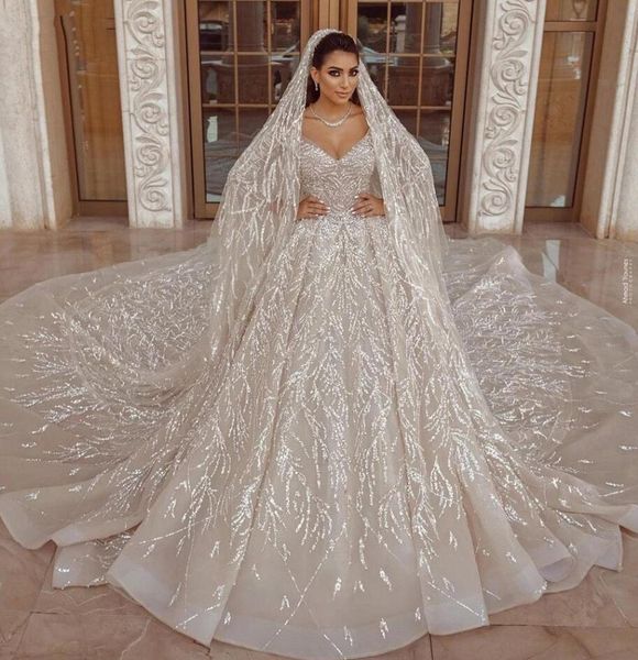 

luxury arabic champagne wedding dresses ball gown long sleeve sequins beaded bridal wedding gowns with long train bes121, White