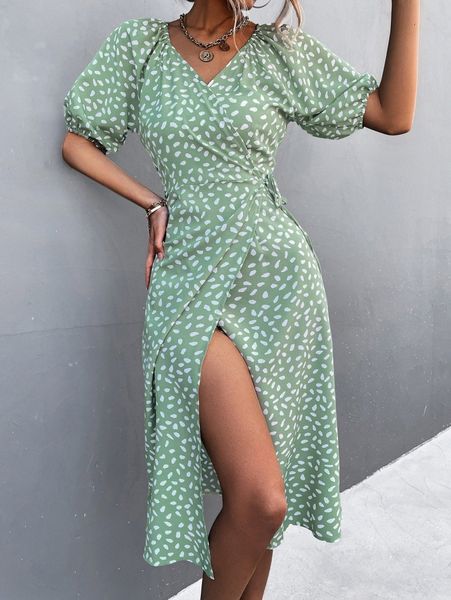 

allover print puff sleeve knot side wrap dress 42ml#, Black;gray