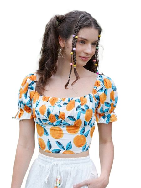 

mod fruit print puff sleeve ruched bust tie back blouse t7i6#, White