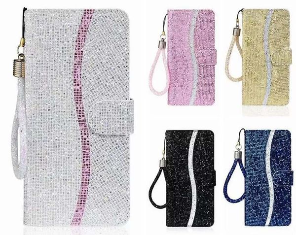 Capas carteira de couro de luxo para iphone 15 Plus 14 Pro MAX 13 12 5.4 6.1 6.7 Redmi 10C Bling Sparkle Luxo Lantejoulas Glitter Flip Cover Holder Bolsa Bolsa Correia