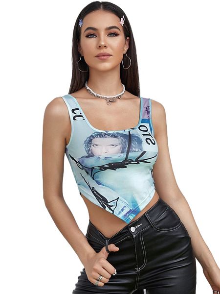 

figure print scoop neck tank s2gh#, White