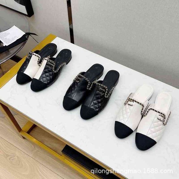 

sandals high end quality spring and summer small fragrance chain lingge color matching flat slippers one foot on muller half slipper 2vgi, Black