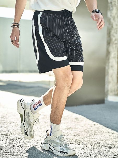 

men vertical striped contrast tape drawstring waist shorts 61fg#, White;black
