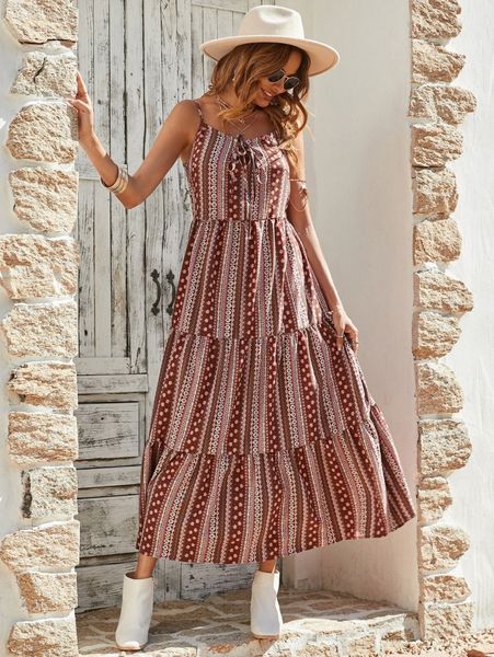 

ditsy floral & geo print tie front ruffle hem cami dress p09o#, Black;gray