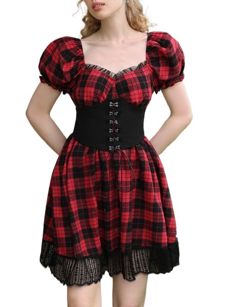 

mod plaid print mesh trim puff sleeve dress with corset 62t6#, Black;gray