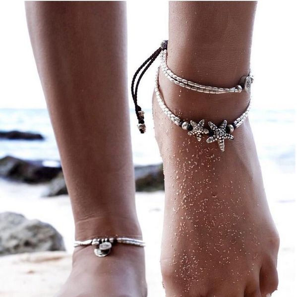 Bracelete Vintage Pé Jóias Handmade Grânulos Cadeia de Cadeia Para As Mulheres Tornozelo Perna Charme Rune Starfish Braceletes Moda Beach Anklet