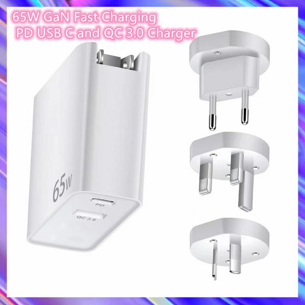 65W GaN Carregamento rápido PD USB e qc 3.0 18W Carregador para TELEFONE CELULAR Apple iPhone 13 pro 12 11 8 7 ipad Adaptador de energia UE Reino Unido EUA Plug Tipo C ADAPTADOR PAREDE CASA