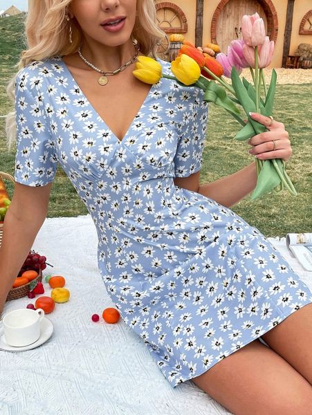 

floral print crisscross tie back dress 1704#, Black;gray