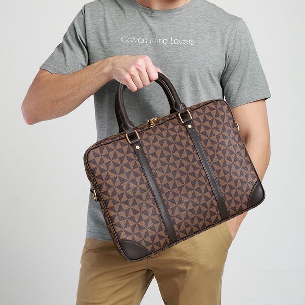 

wholesale factory men leathers shoulder bags horizontal large-capacity printing business briefcase elegant joker plaid handbag simple contra