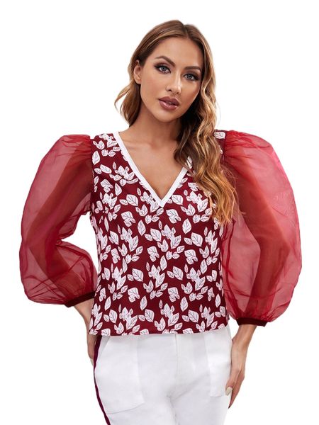 

x floral leaves print lantern sleeve blouse o46s#, White