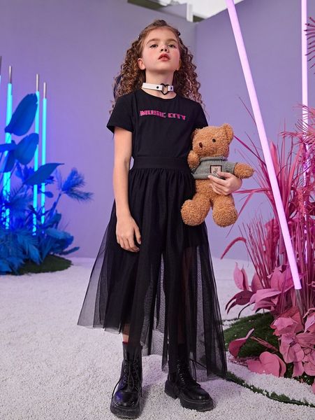 

girls letter graphic & sheer mesh flare skirt set she, White