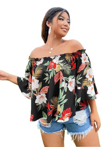 

plus tropical print off shoulder flounce sleeve blouse x65t#, Black
