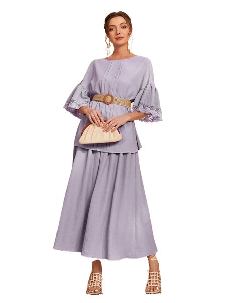 

lace trim flounce sleeve fold pleated & skirt without belt i3az#, White