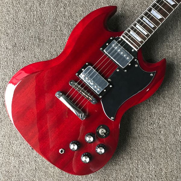 

sg electric guitar, rosewood fingerboard, chrome hardware, transparent red, 2 pickups, tune-o-matic bridge, solid mahogany body guitar