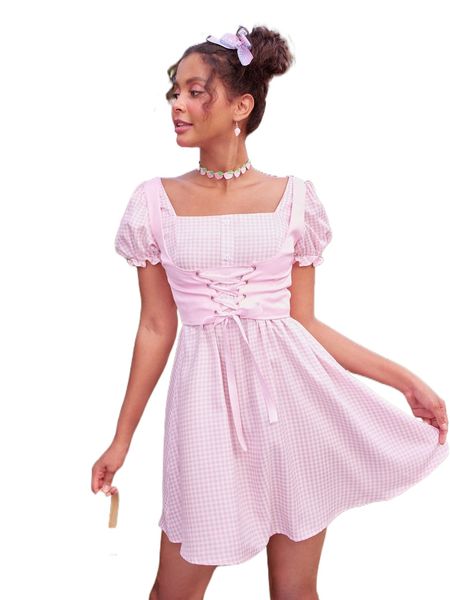 

kawaii gingham button front puff sleeve dress & lace up corset r7fp#, White
