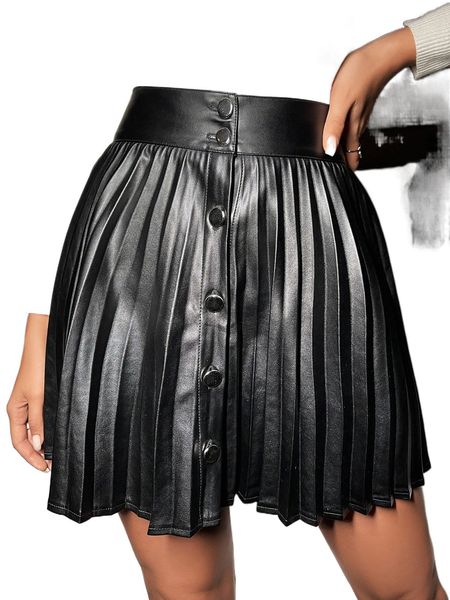 

pu single breasted pleated skirt y3yr#, Black