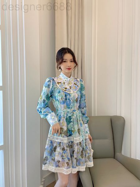 

casual dresses designer spring and summer fresh broken flower foreign style heavy industry elegant temperament water-soluble splicing waist, Black;gray